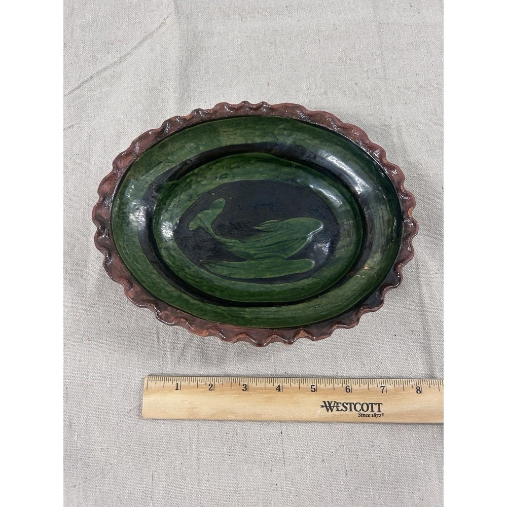 Patamban Michoacan Green Glaze Red Ware Pottery Mexican Folk Art Bowl Whale